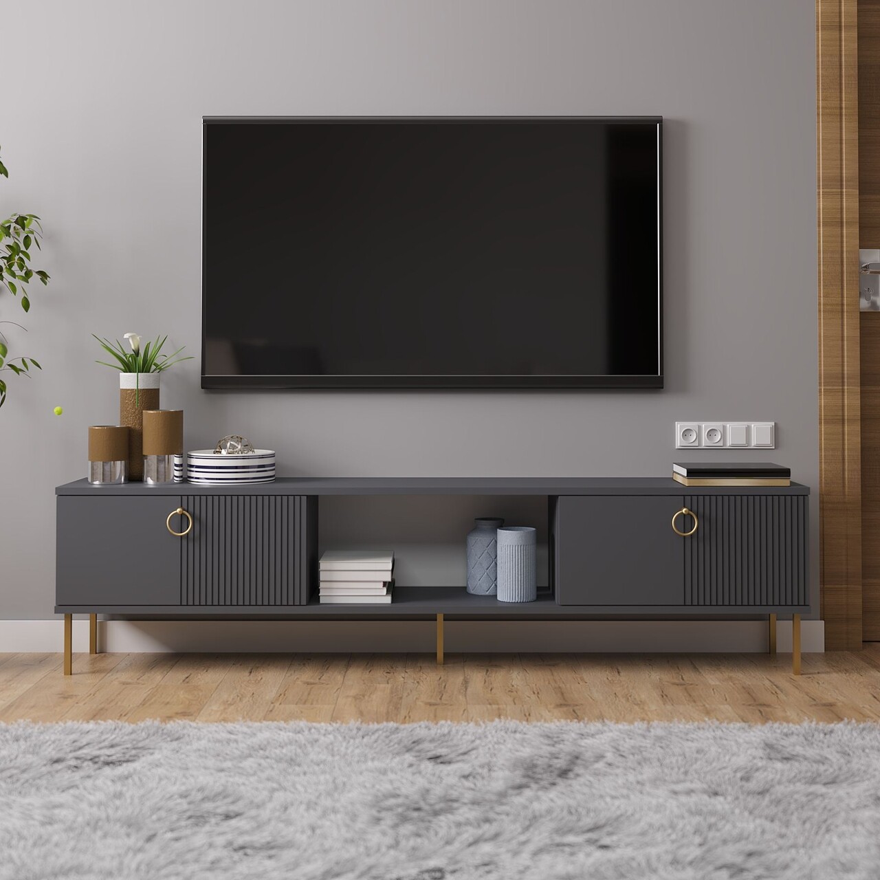 Comoda TV, Hanah Home, Paye, 180x45x30 cm, Antracit - imagine 6